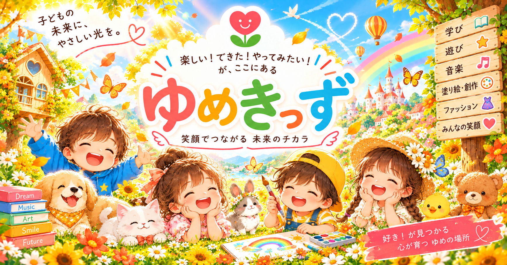 子どもと動物たちが学び・遊び・音楽・塗り絵・ファッションを楽しむ、ゆめきっずの世界